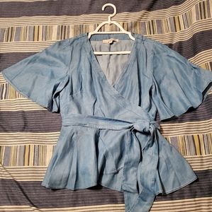 LOFT chambray butterfly sleeve wrap top, size S